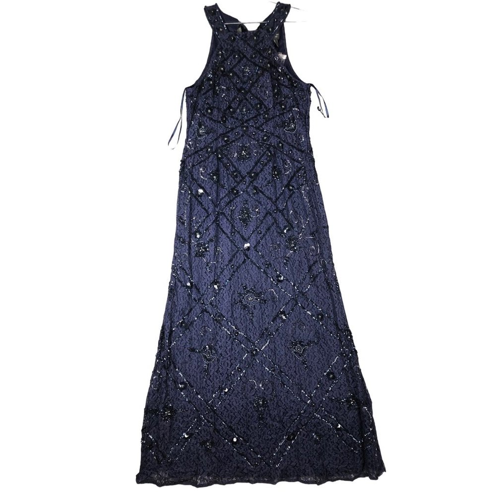 ADRIANNA PAPELL BEADED HALTER GOWN LIGHT NAVY Sz 14